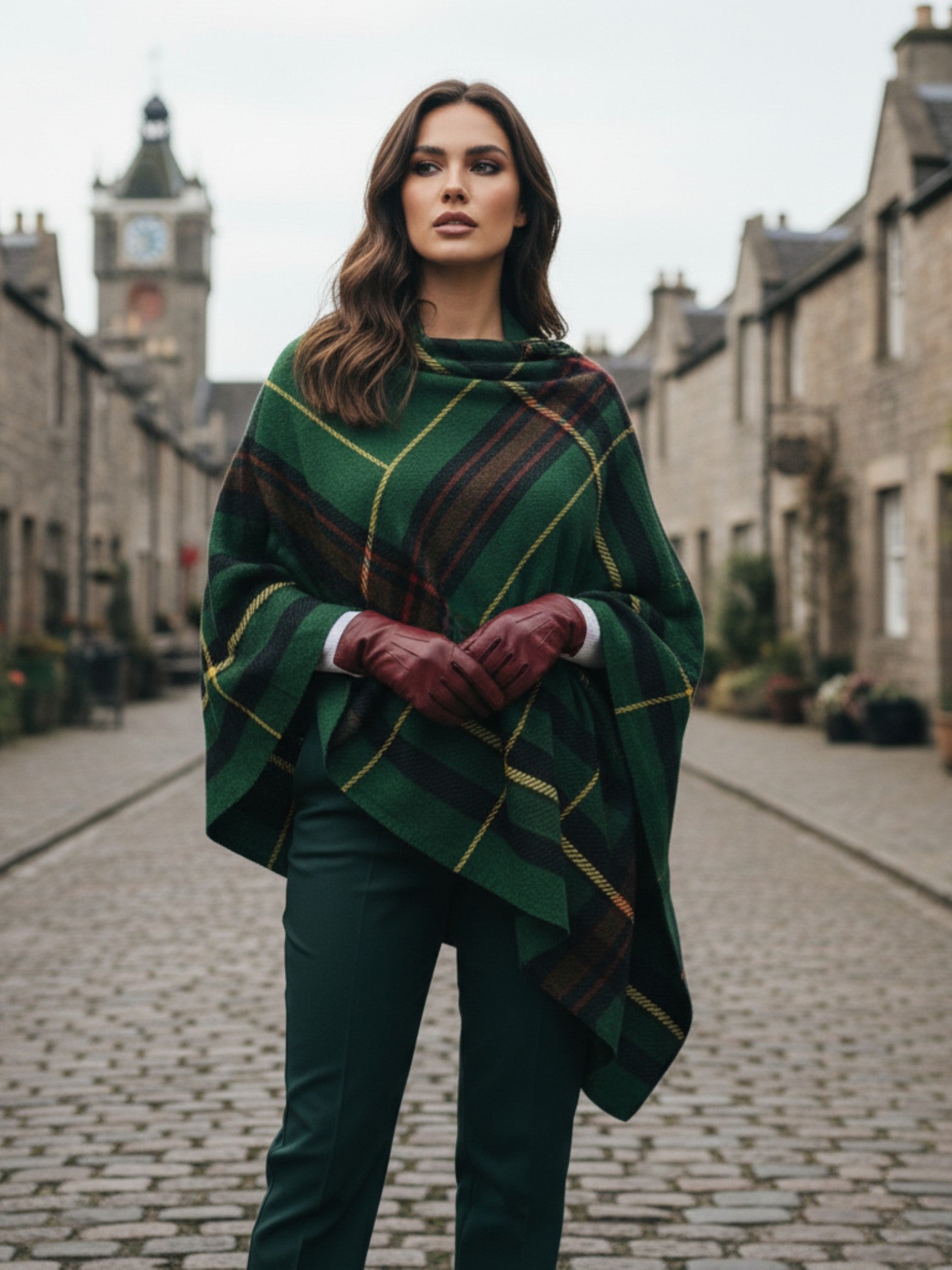 Woman wearing green and black Cramond tartan ruana shawl from Angelic Blessings Shop on a cobblestone street