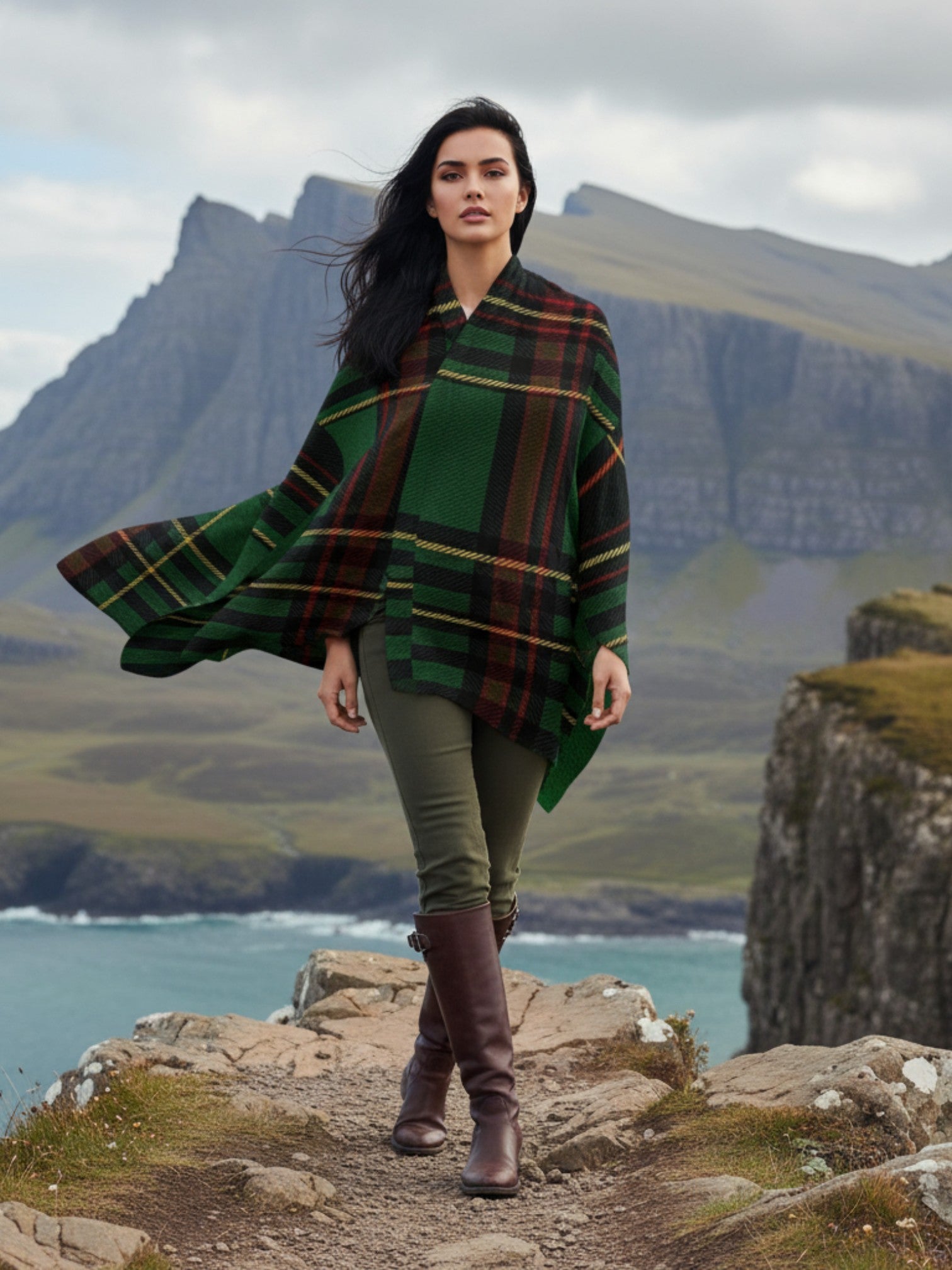 Woman wearing Angelic Blessings Shop Cramond tartan ruana shawl in green and brown over casual outfit on cliffside