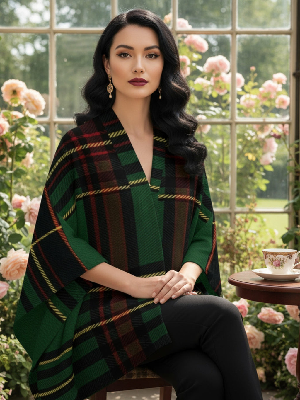 Woman wearing Cramond tartan ruana shawl with green and black plaid sitting in floral garden