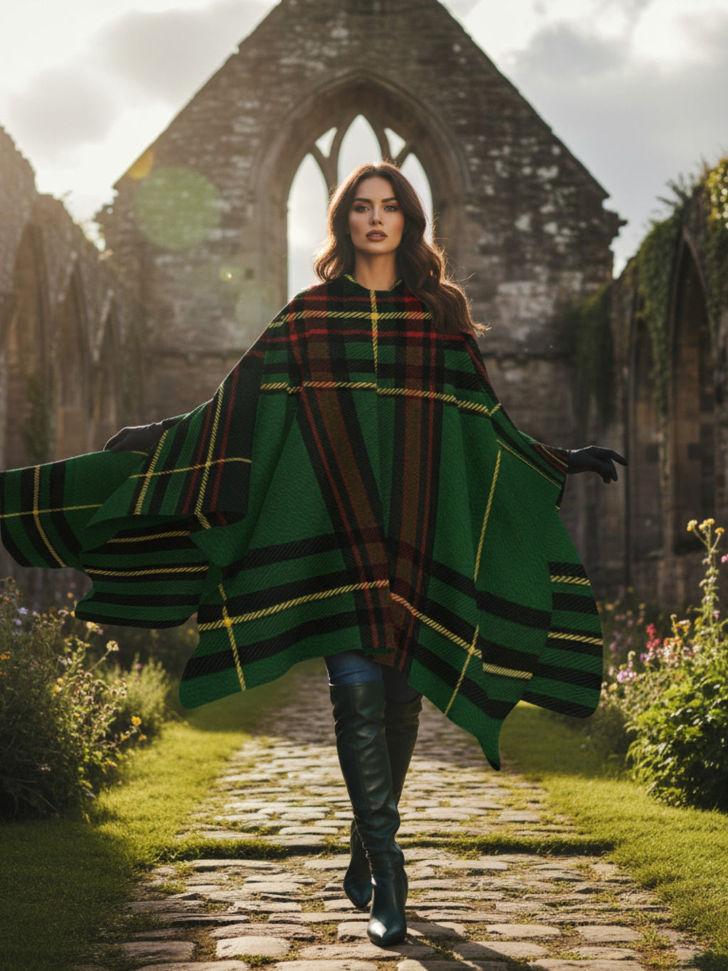 Woman wearing Cramond tartan ruana shawl in green plaid design walking outdoors by old stone ruins