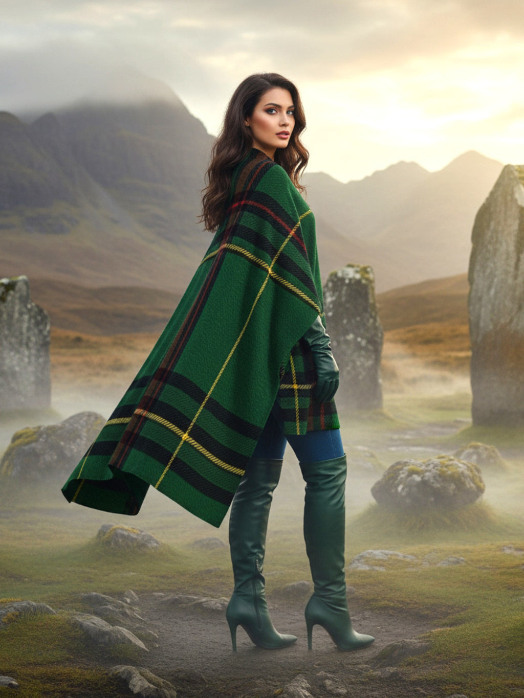 Woman wearing green Cramond tartan ruana shawl standing in misty mountain landscape