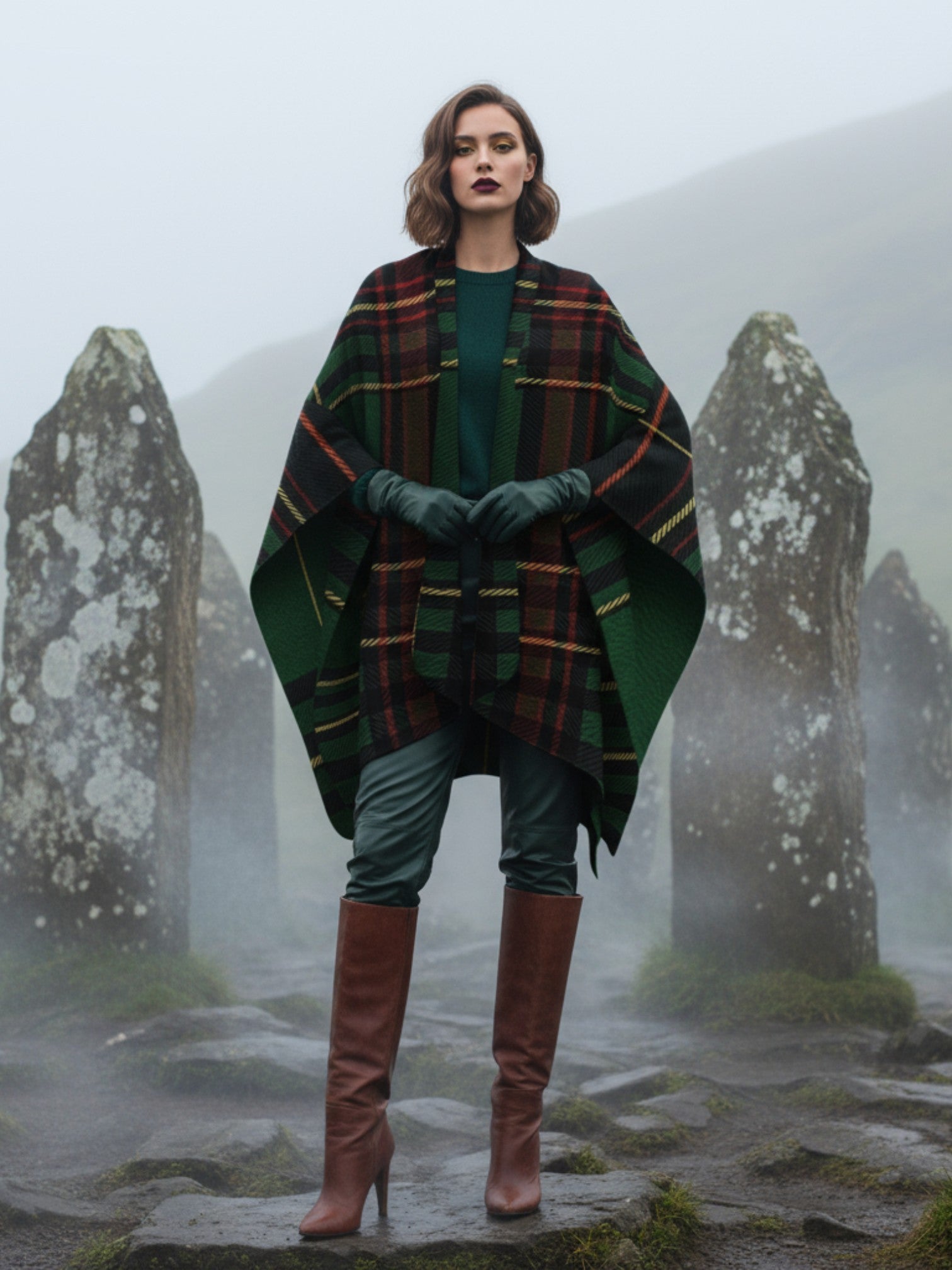 Woman wearing Cramond tartan ruana shawl with green gloves and brown boots in misty stone circle