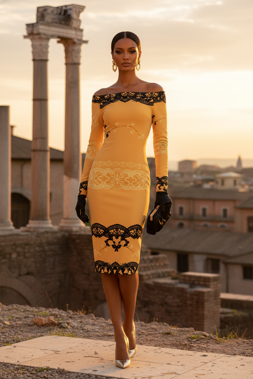 Crème and black baroque off shoulder midi dress for women luxury evening bodycon S-6XL