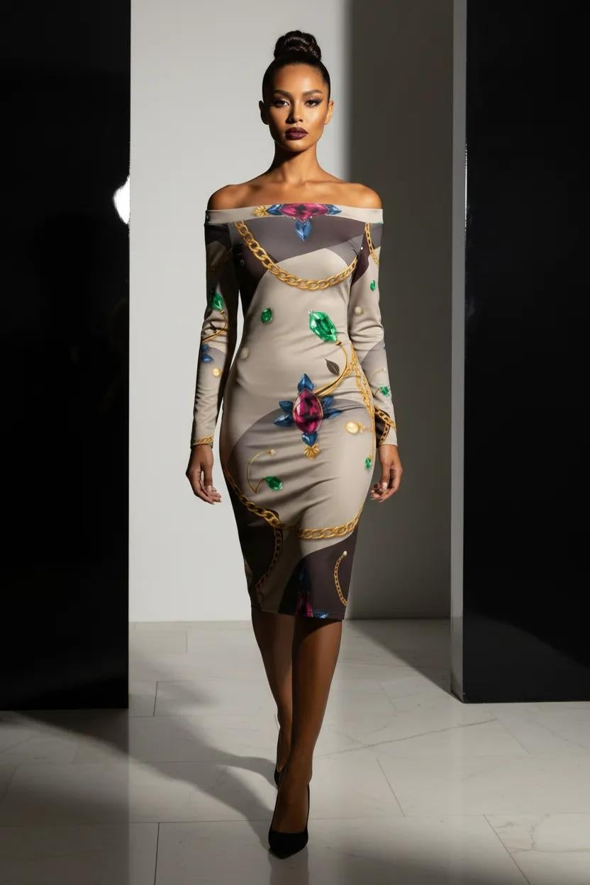 Flattering off shoulder midi dress for curvy and plus size women, elegant long sleeve evening dress