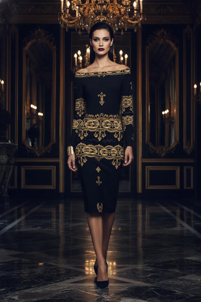 Czarna Regnum- Black and Gold Baroque Midi bodycon dress elegant evening outfit