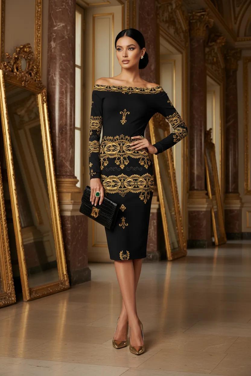 Czarna Regnum Black and Gold Dark Feminine Midi bodycon dress elegant evening outfit