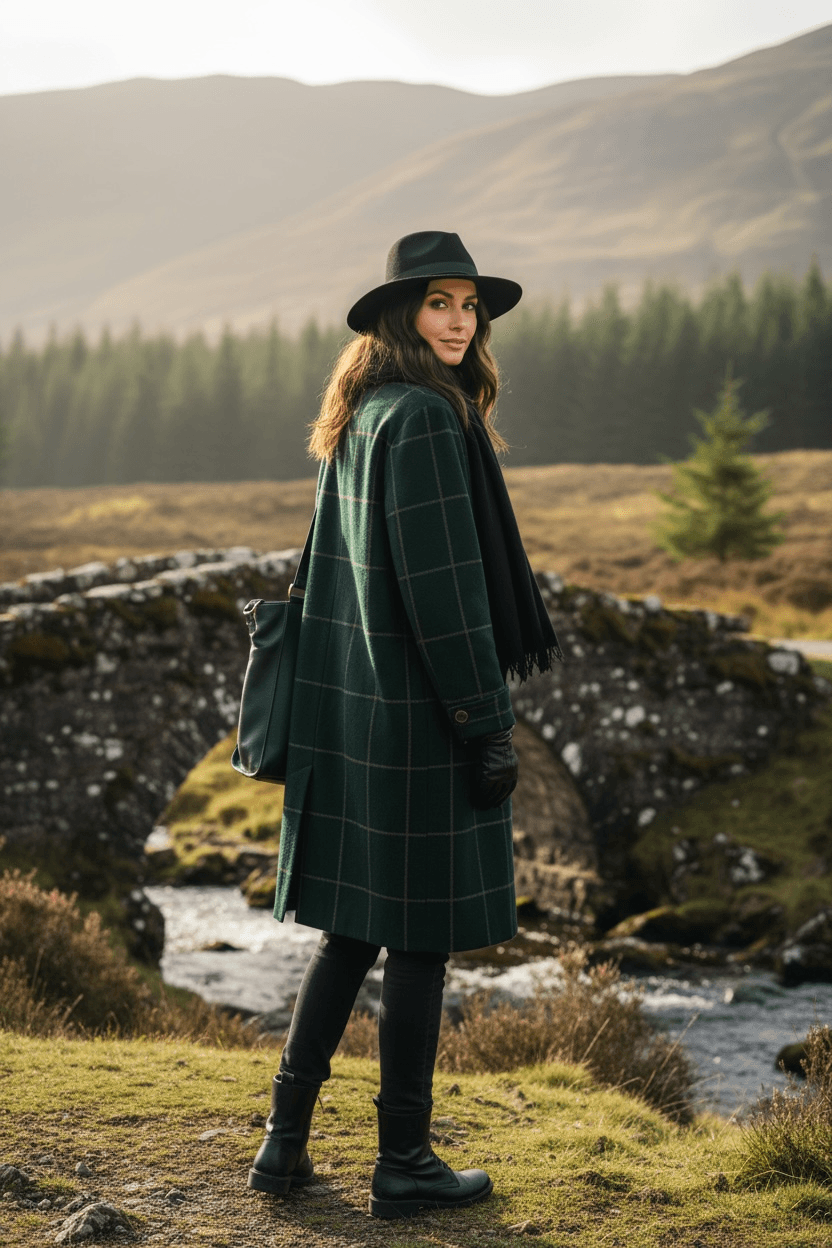 Woman wearing dark green tartan lapel coat by Angelic Blessings Shop standing outdoors with mountains and forest background