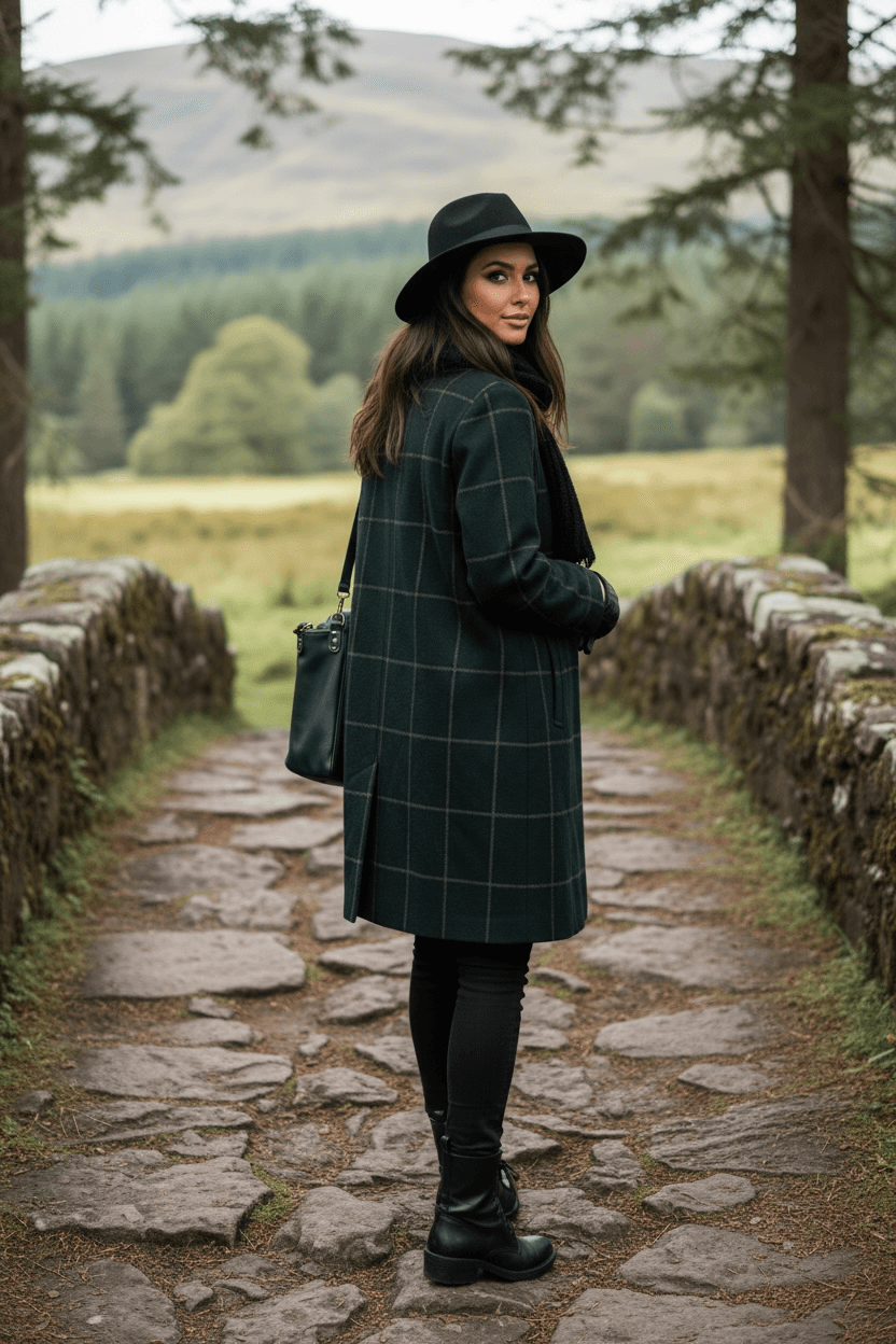 Woman wearing dark green tartan lapel coat standing on a stone path in a forest setting