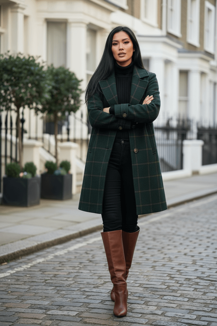 Woman wearing dark green tartan lapel coat walking on cobblestone street by Angelic Blessings Shop