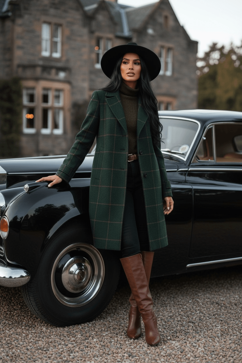 Woman wearing dark green tartan lapel coat standing next to a vintage black car outdoors