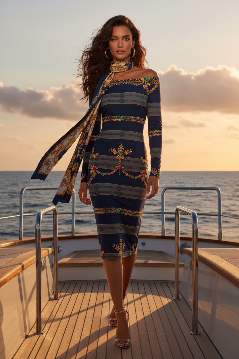 Deep Navy Gold Ornaments Baroque Bodycon Midi Dress elegant evening outfit with scarf and heels