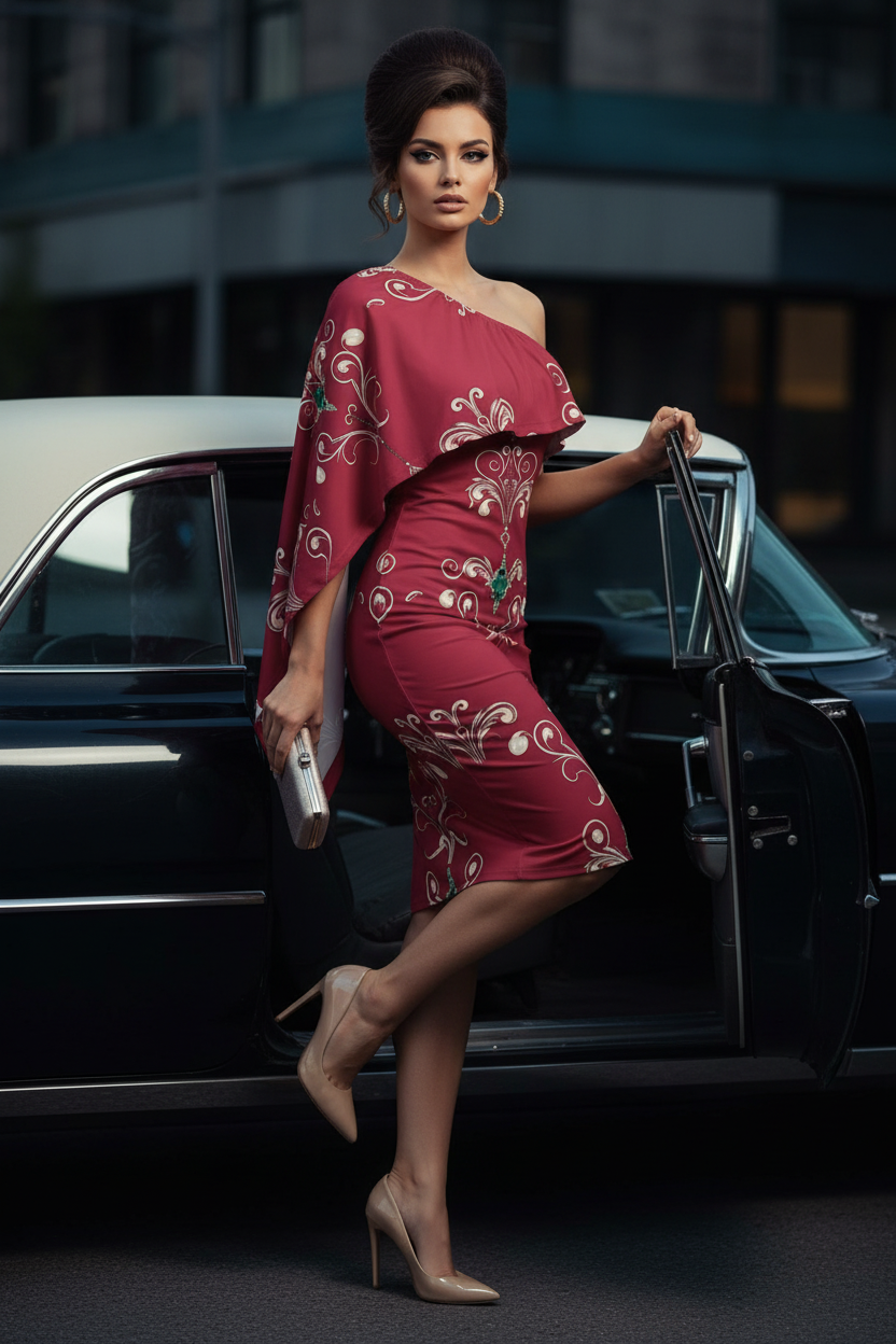 Deep Rose- Baroque Evening One Shoulder and Bodycon Dress Elegant Outfit Stylish Evening Wear