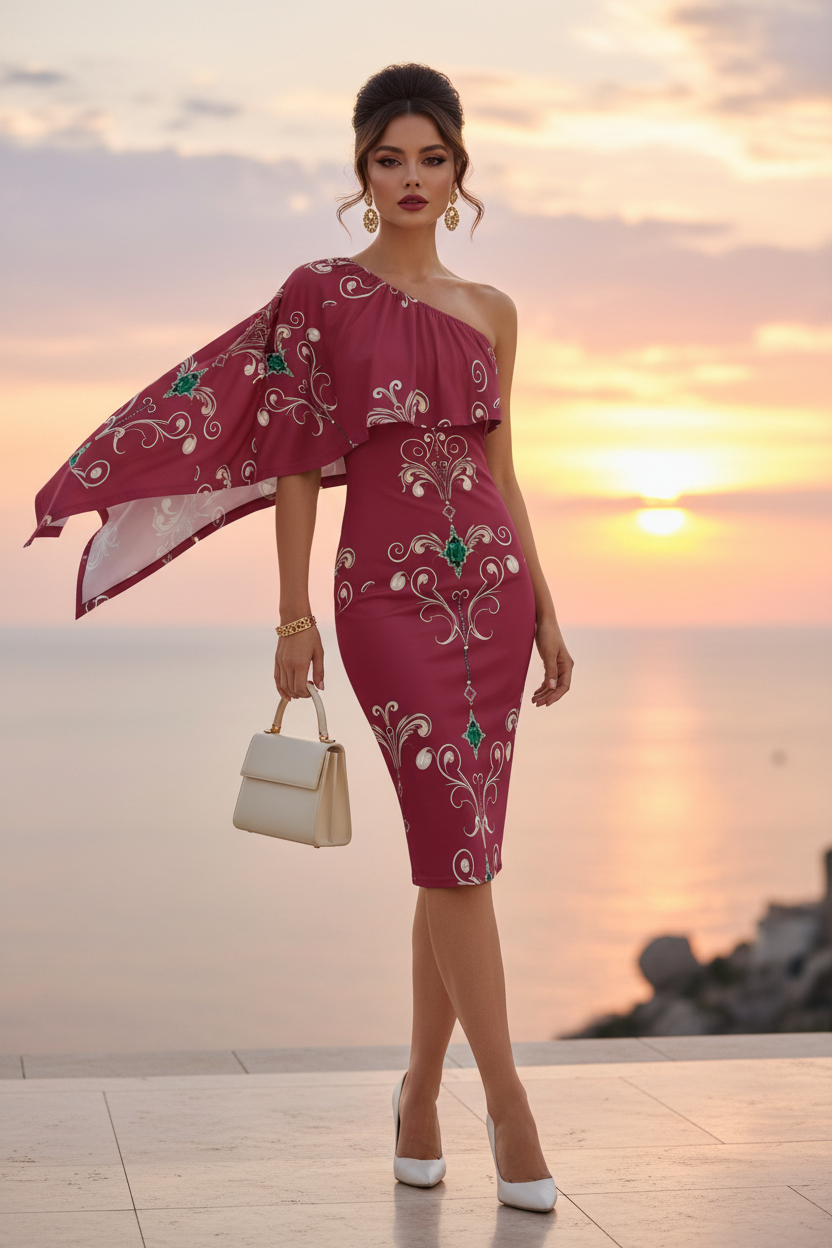 Deep Rose- Baroque One Shoulder Evening and Bodycon Dress Elegant Outfit Sunset View