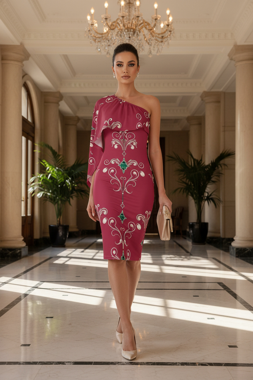 Deep Rose- Baroque Evening One Shoulder and bodycon dress elegant outfit formal event