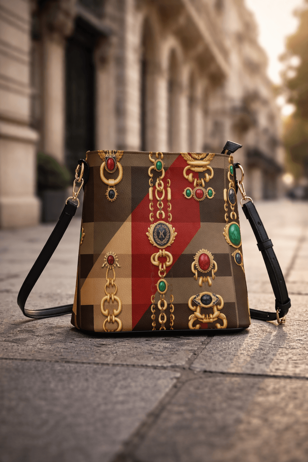 Angelic Blessings designer statement bucket bag for women in tartan pattern with gold chain and jewel accents front view