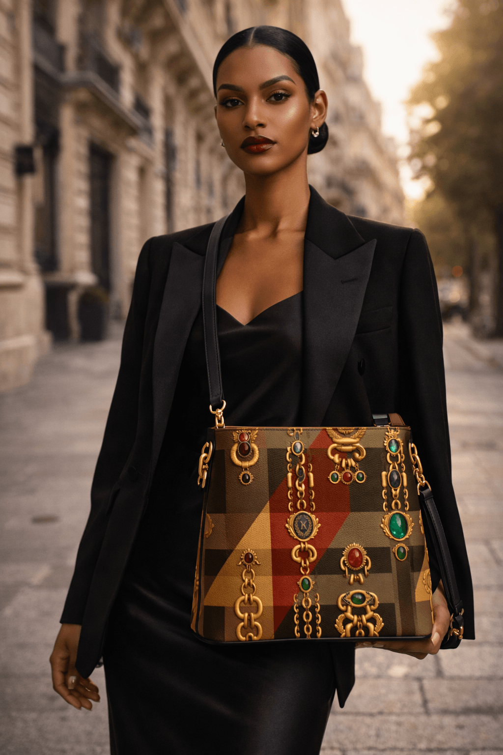 Angelic Blessings designer statement bucket bag for women in tartan pattern with gold chain and jeweled accents shown front view with black outfit