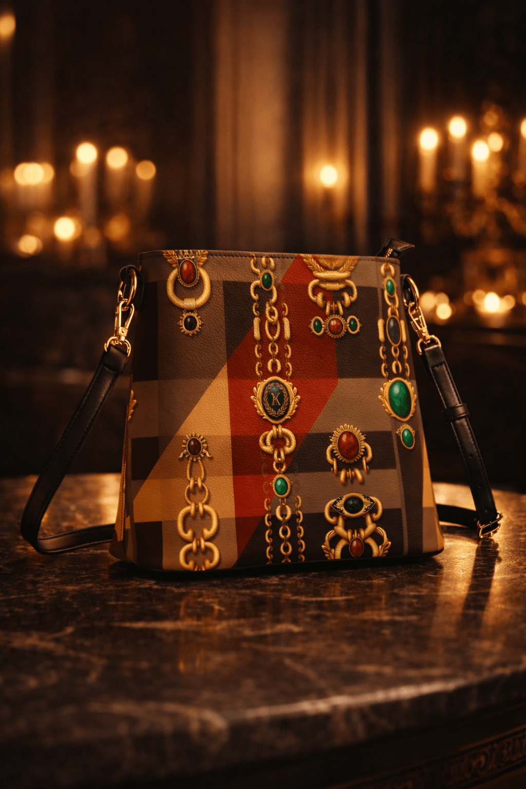 Angelic Blessings tartan designer statement bucket bag for women in front view with jewel chain pattern for elegant occasions