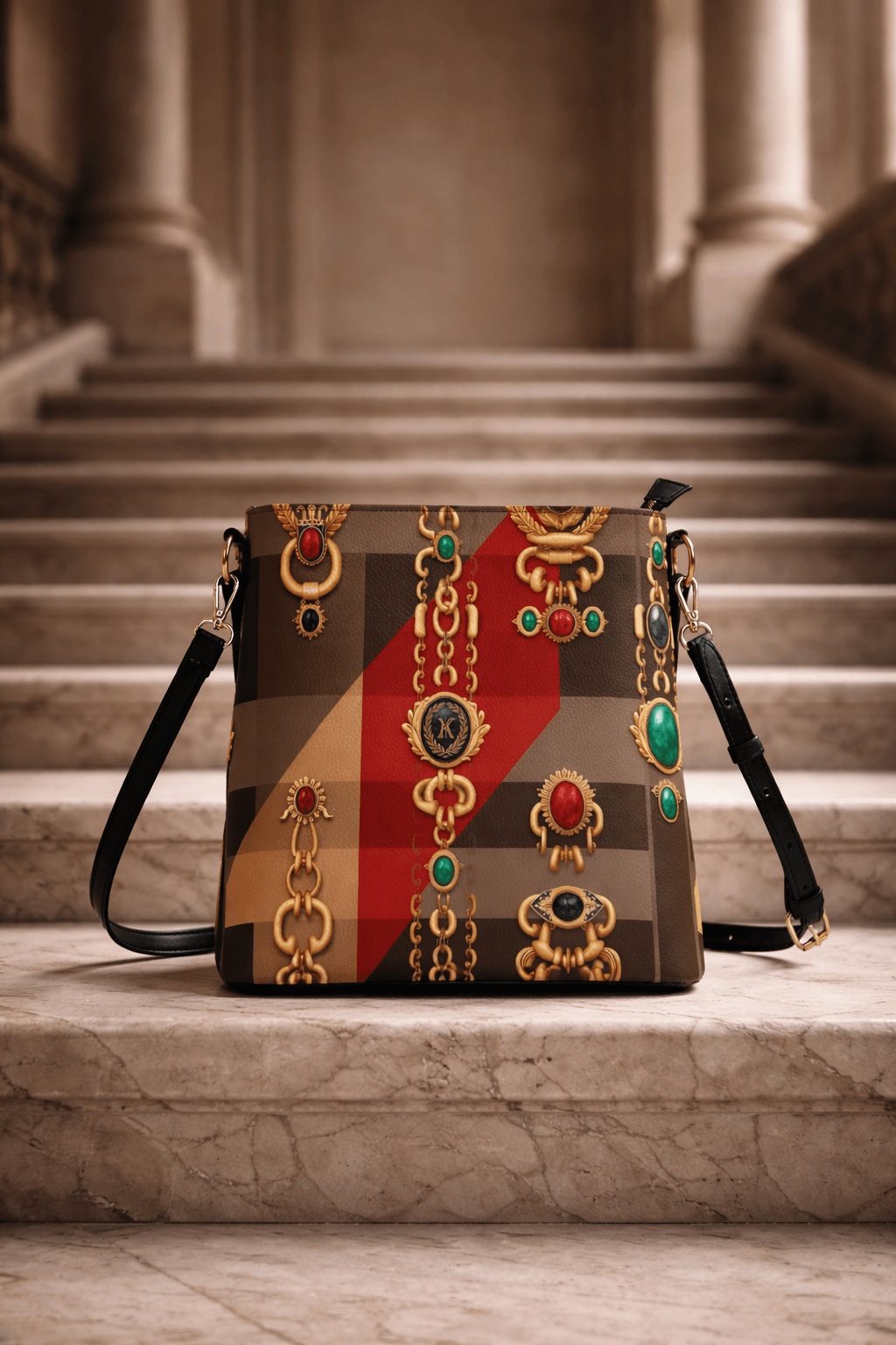 Angelic Blessings designer statement bucket bag for women in tartan pattern with gold jewelry print front view