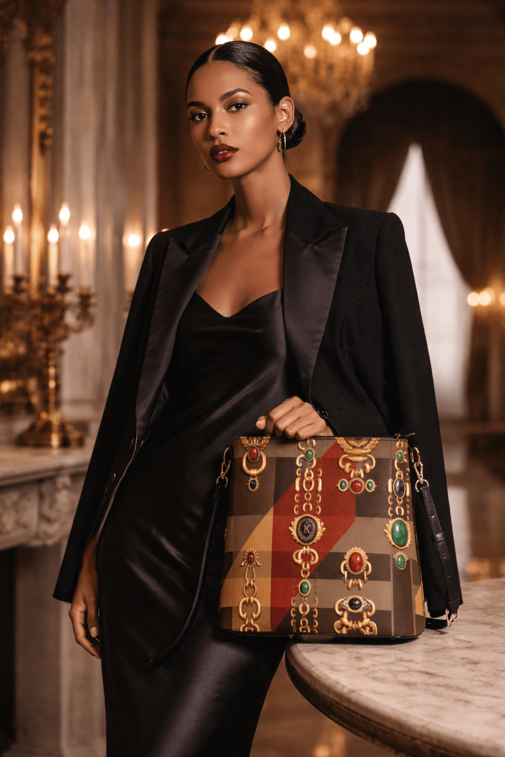 Front view of Angelic Blessings designer statement bucket bag for women in brown tartan pattern with colorful baroque accents, styled for elegant occasions