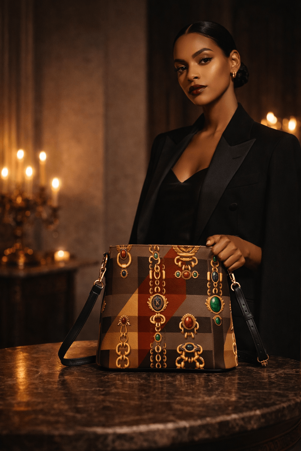 Angelic Blessings designer statement bucket bag for women in tartan pattern with jewel embellishments front view