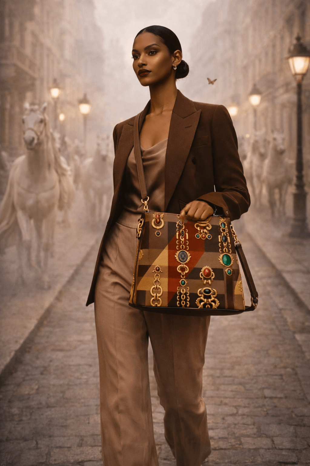 Front view of woman holding tartan designer statement bucket bag for women by Angelic Blessings, styled with brown blazer for elegant occasions
