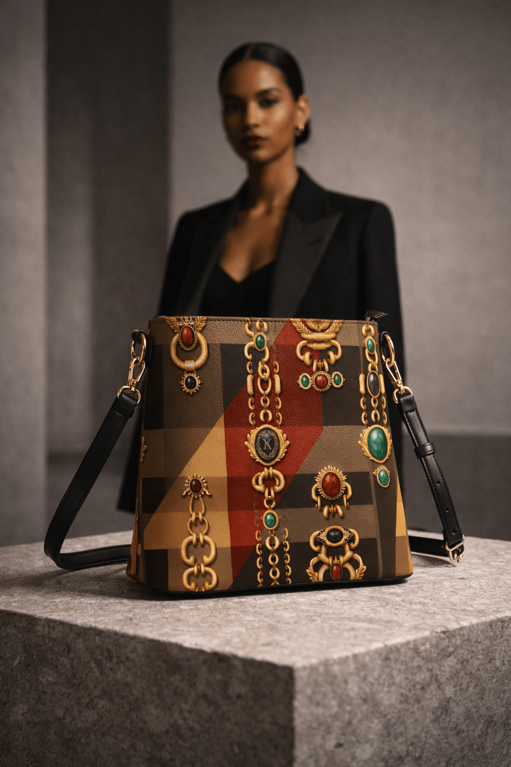 Front view of tartan designer statement bucket bag for women in autumn colors with jewel pattern, styled for elegant occasions