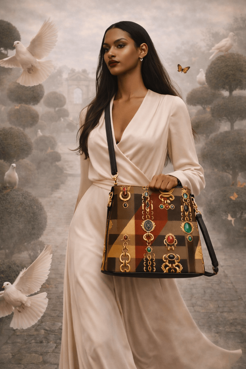 Angelic Blessings designer statement bucket bag for women in tartan pattern with gold chain details, front view, elegant occasion