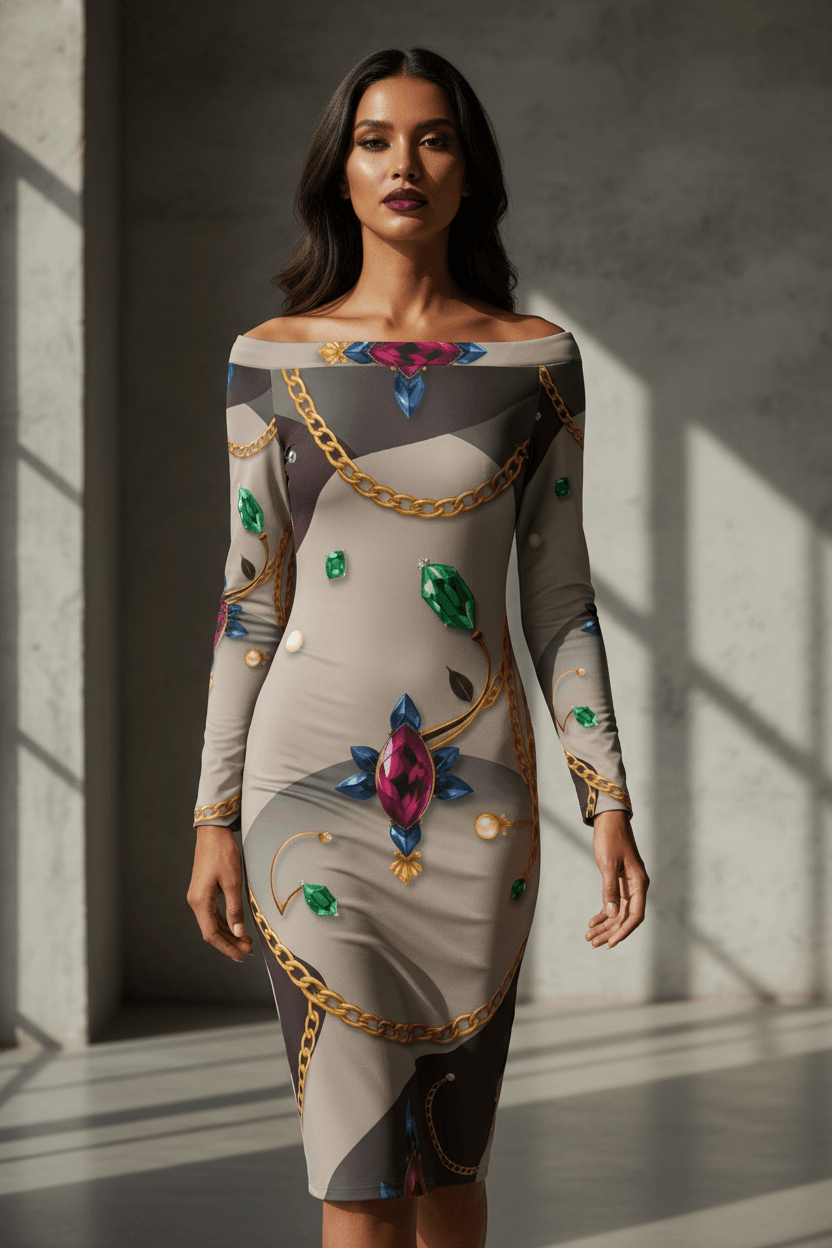 Designer style off shoulder midi dress for evening wear, luxury printed polyester cocktail dress