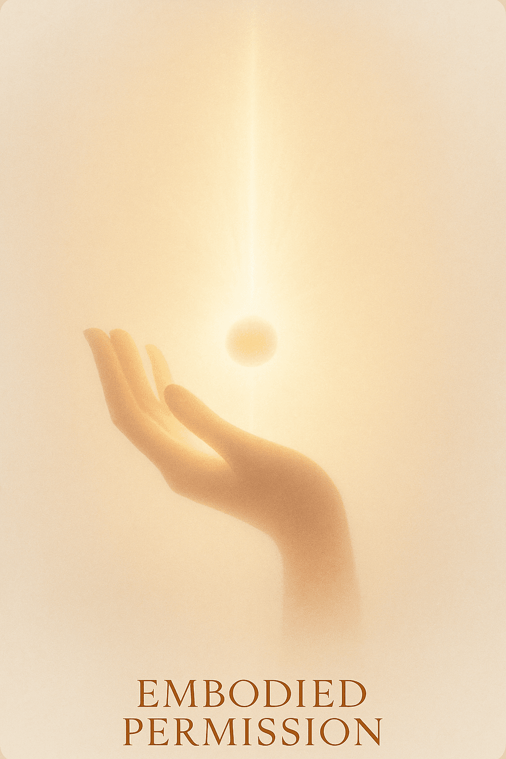 Quantum Oracle guidebook Embodied Permission cover with hand reaching toward glowing orb and light beam