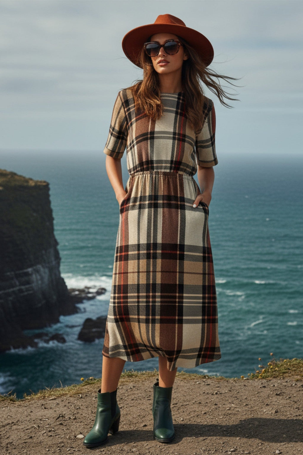 Close-up fabric detail of Dromberg Tartan dress – soft breathable polyester-spandex blend