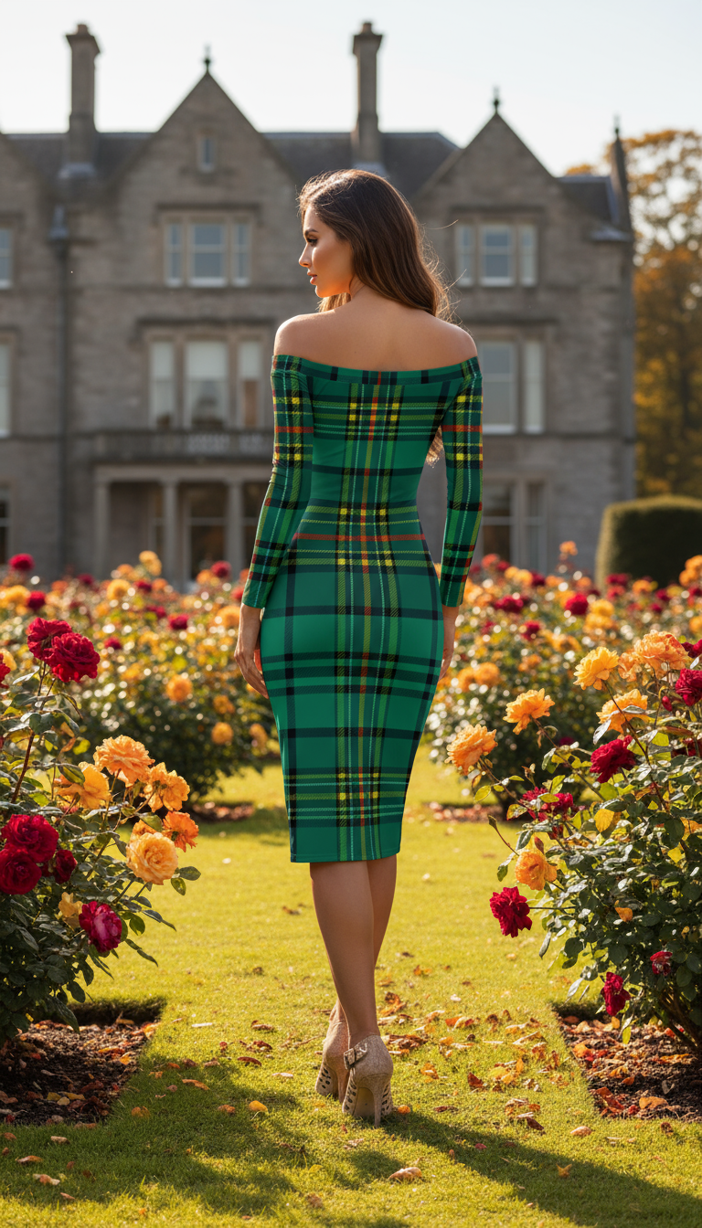 Woman wearing Dunnotar Tartan off shoulder dress in green standing in garden with flowers and stone building background