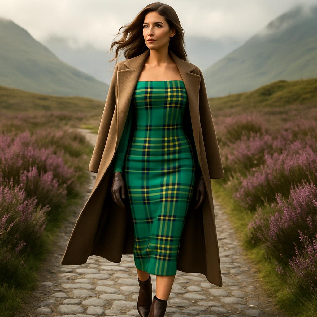 Woman wearing Dunnotar Tartan off shoulder dress in green with a brown coat walking on a cobblestone path in nature