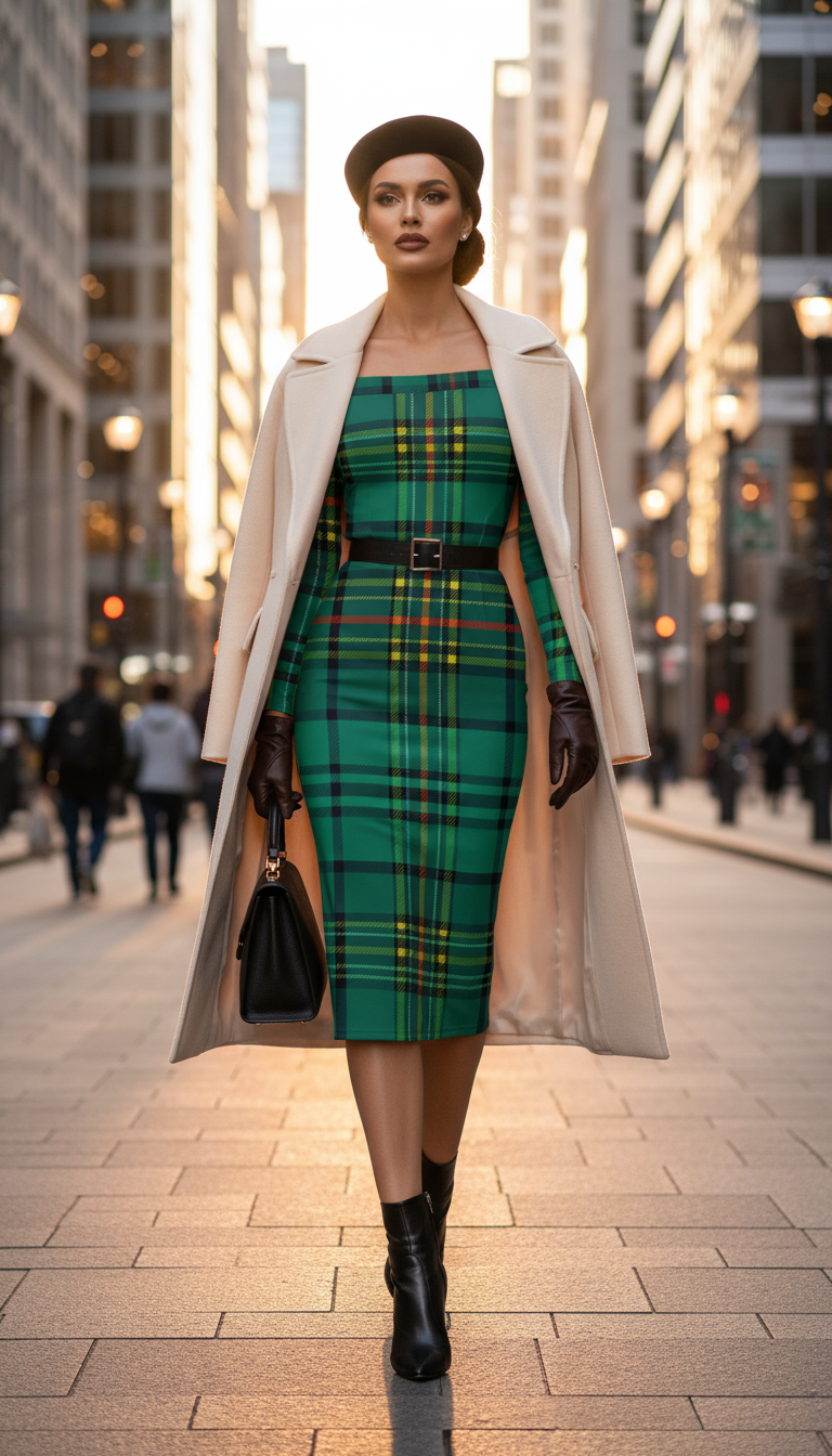 Woman wearing Dunnotar Tartan off shoulder dress with black belt and beige coat walking in city street