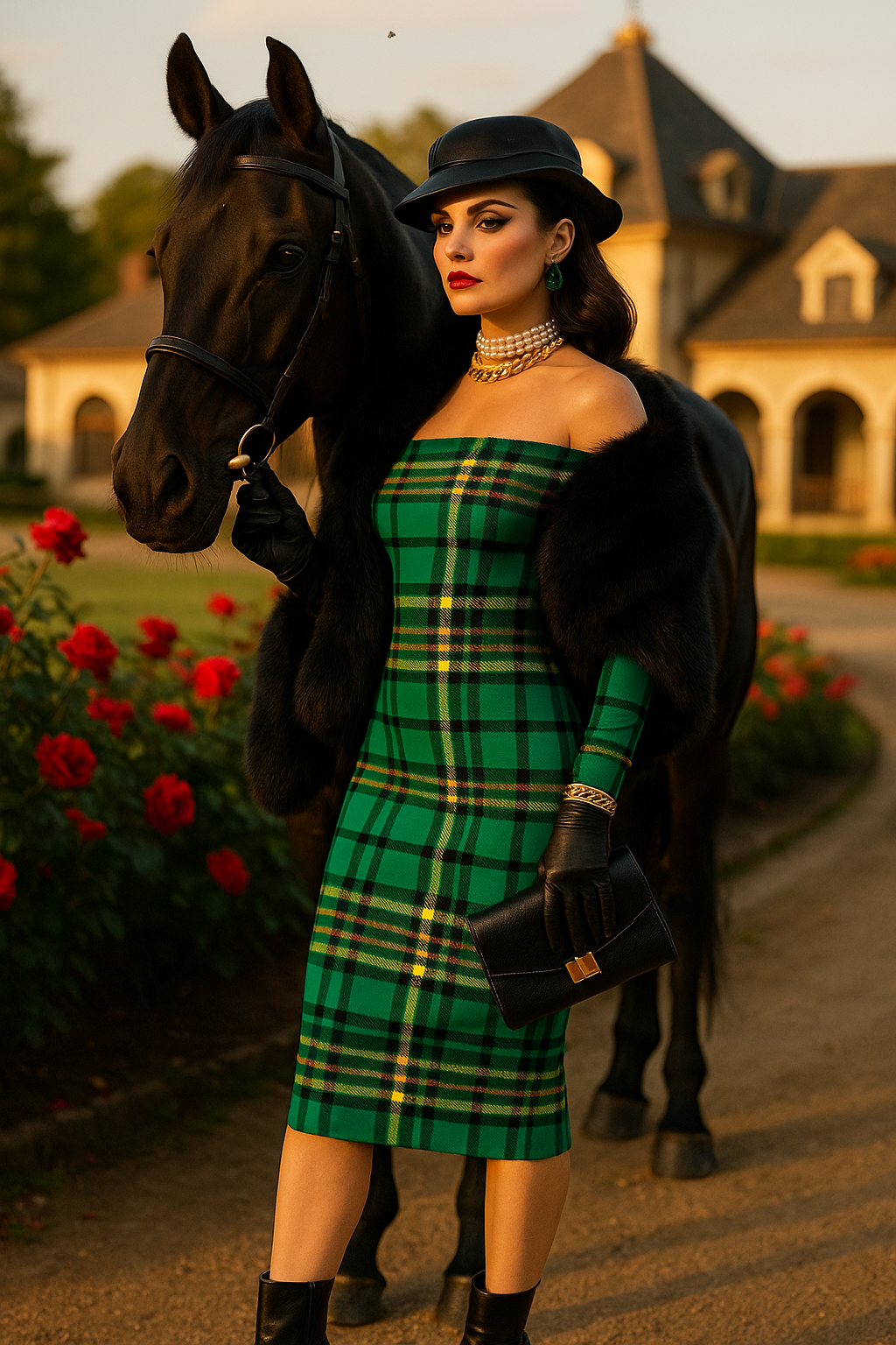 Woman wearing Dunnotar Tartan off shoulder dress standing beside a black horse in a garden