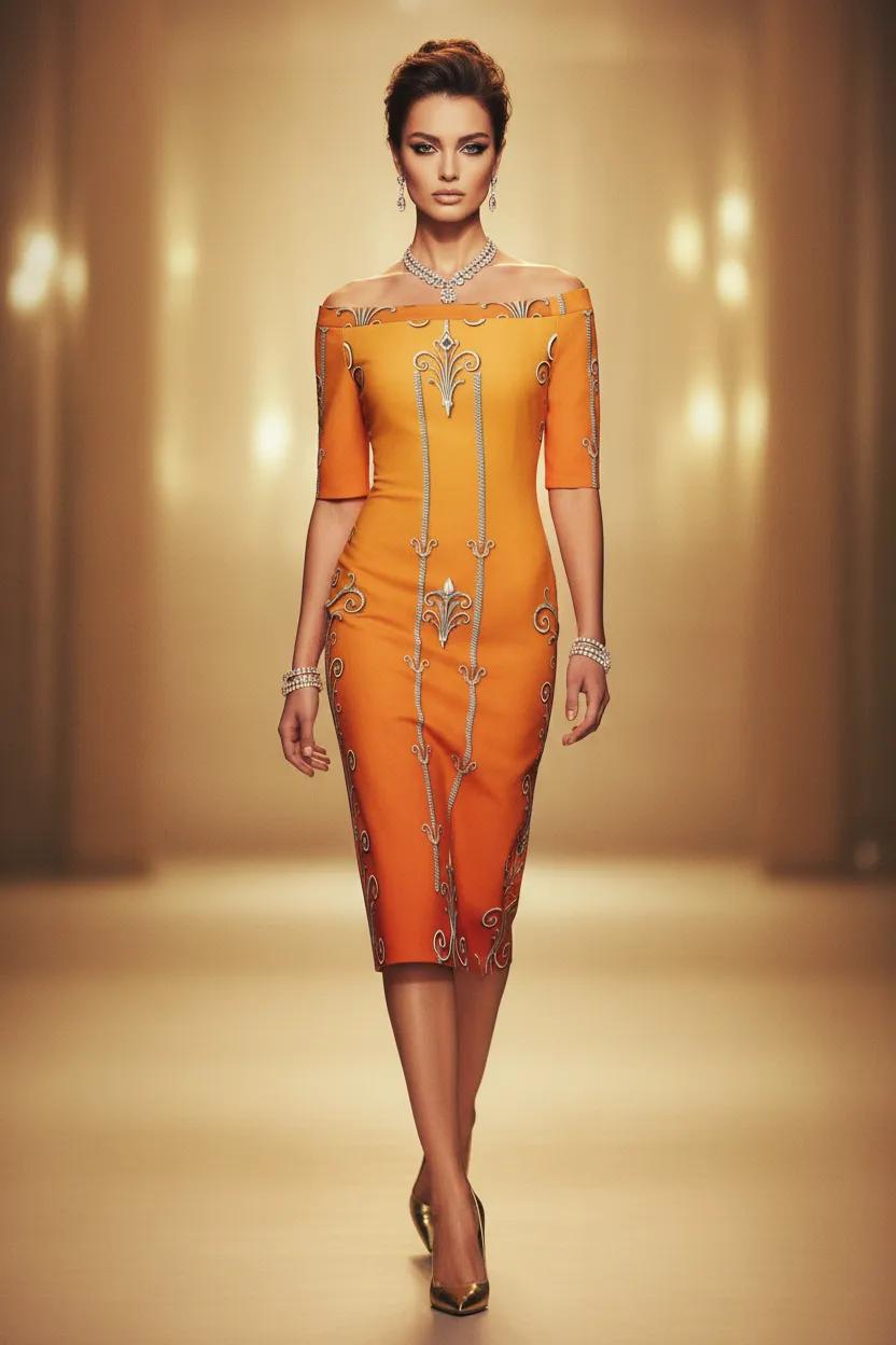 Dusty Orange Off The Shoulder Spring Midi Dress -S-6XL Elegant Evening Outfit