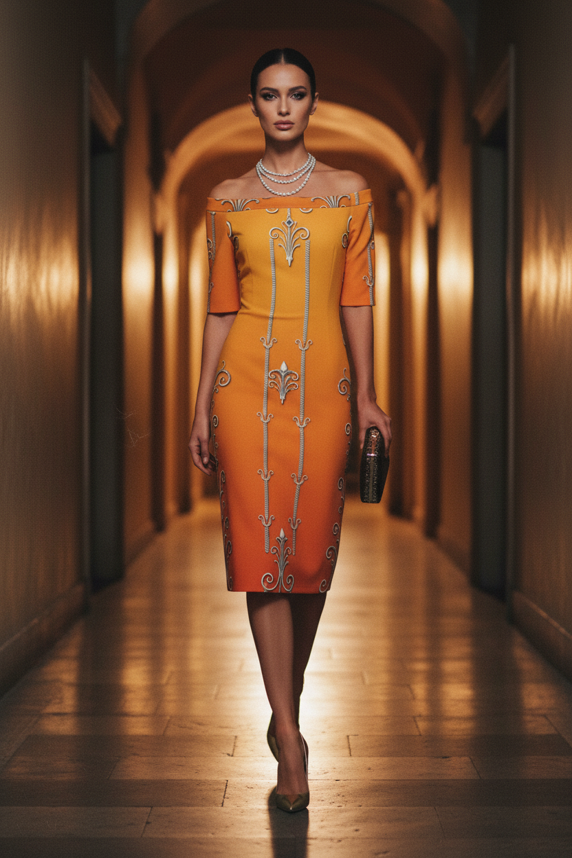 Dusty Orange Off The Shoulder Spring Midi Dress S-6XL elegant evening outfit with intricate design