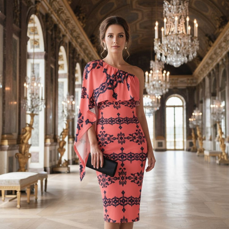 Woman wearing Dusty Rose One-Shoulder Midi Dress with Baroque Lace Design in elegant hall with chandeliers