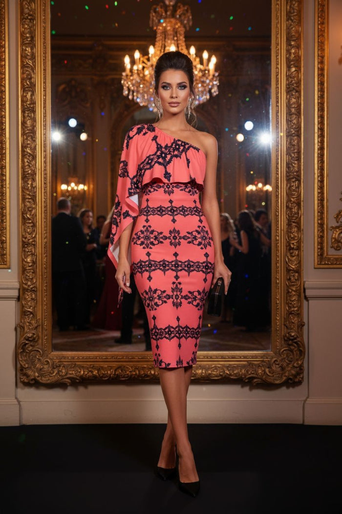 Dusty Rose One-Shoulder Midi Dress with Baroque Lace Design worn by model at elegant event