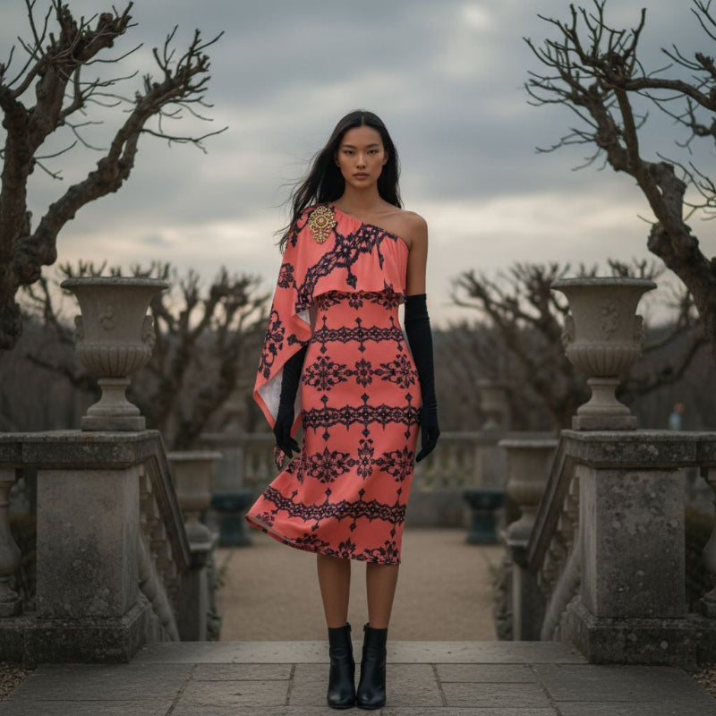 Model wearing Dusty Rose One-Shoulder Midi Dress with Baroque Lace Design and black gloves outdoors