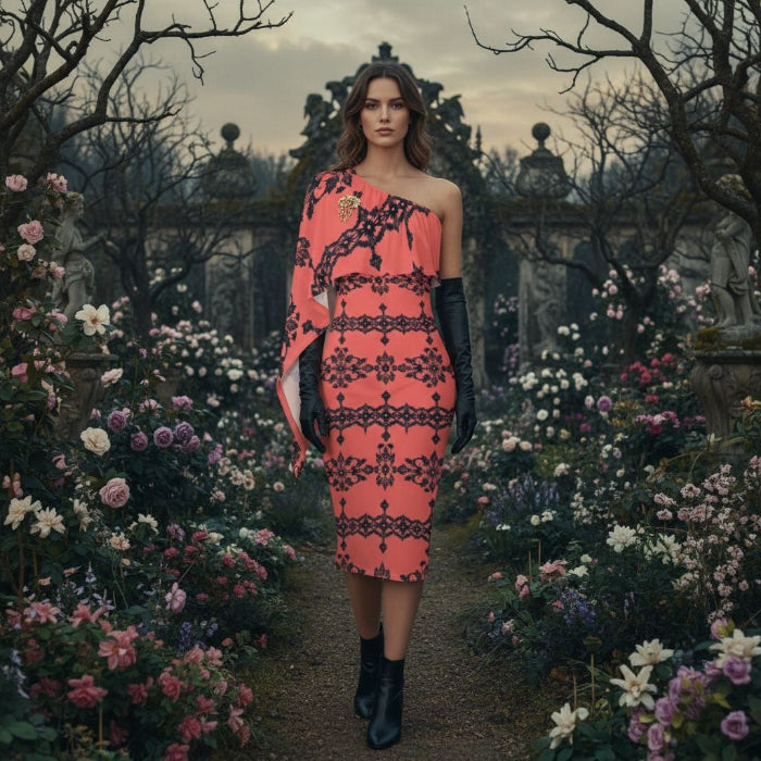 Dusty Rose One-Shoulder Midi Dress with Baroque Lace Design worn by woman in floral garden