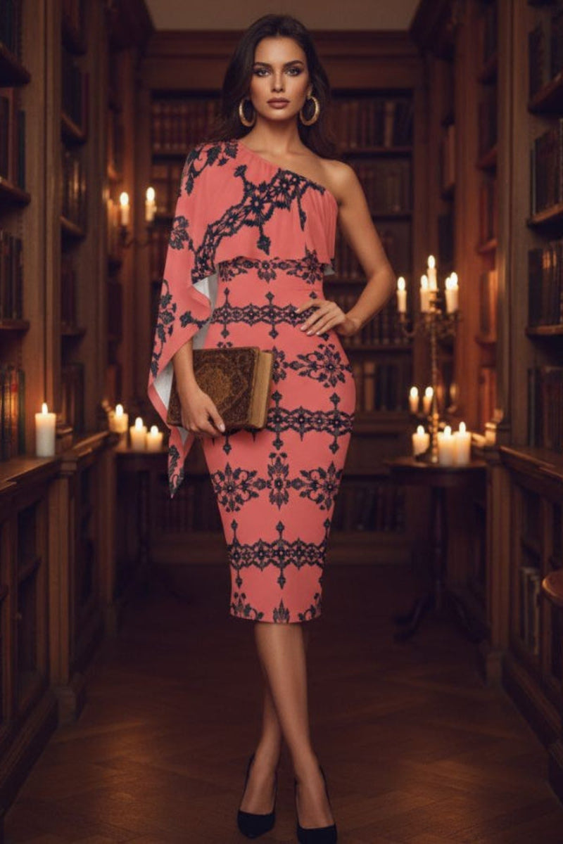 Elegant Dusty Rose One-Shoulder Midi Dress with Baroque Lace Elegant Dusty Rose One-Shoulder Midi Dress with Baroque Lace