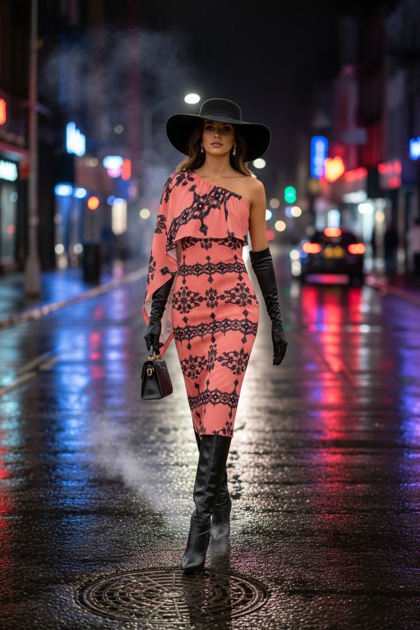 Model wearing Dusty Rose One-Shoulder Midi Dress with Baroque Lace Design in urban night setting
