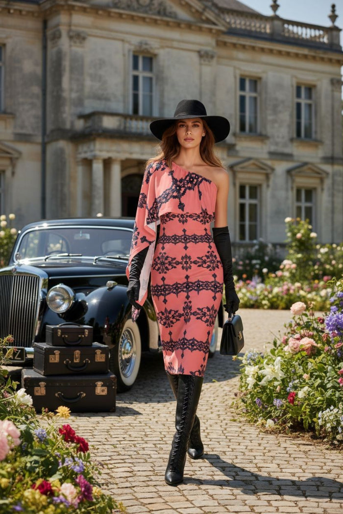 Woman wearing Dusty Rose One-Shoulder Midi Dress with Baroque Lace Design and black hat walking outdoors