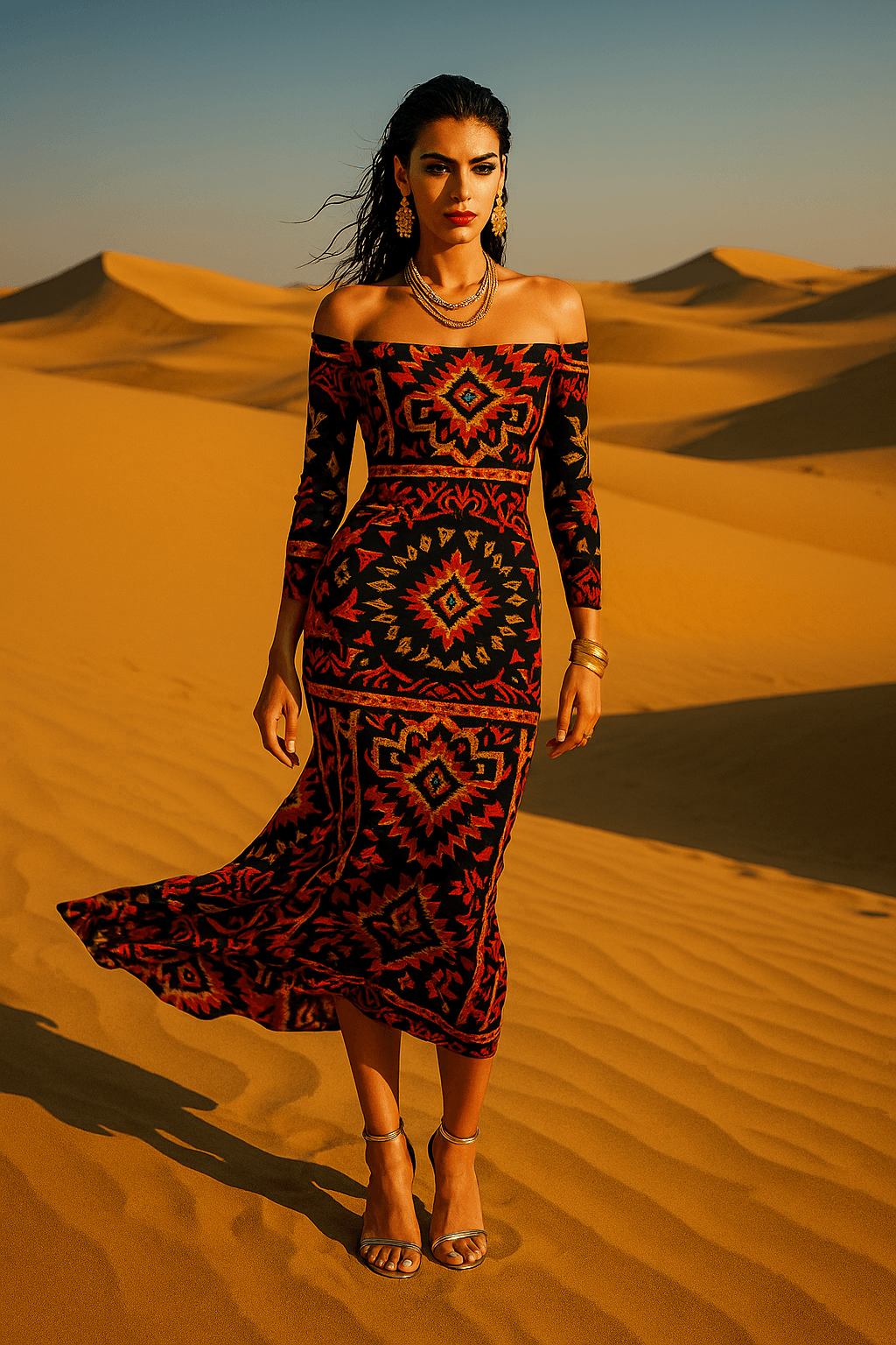 Woman wearing a luxury Egyptian goddess bodycon dress with geometric patterns standing in a desert