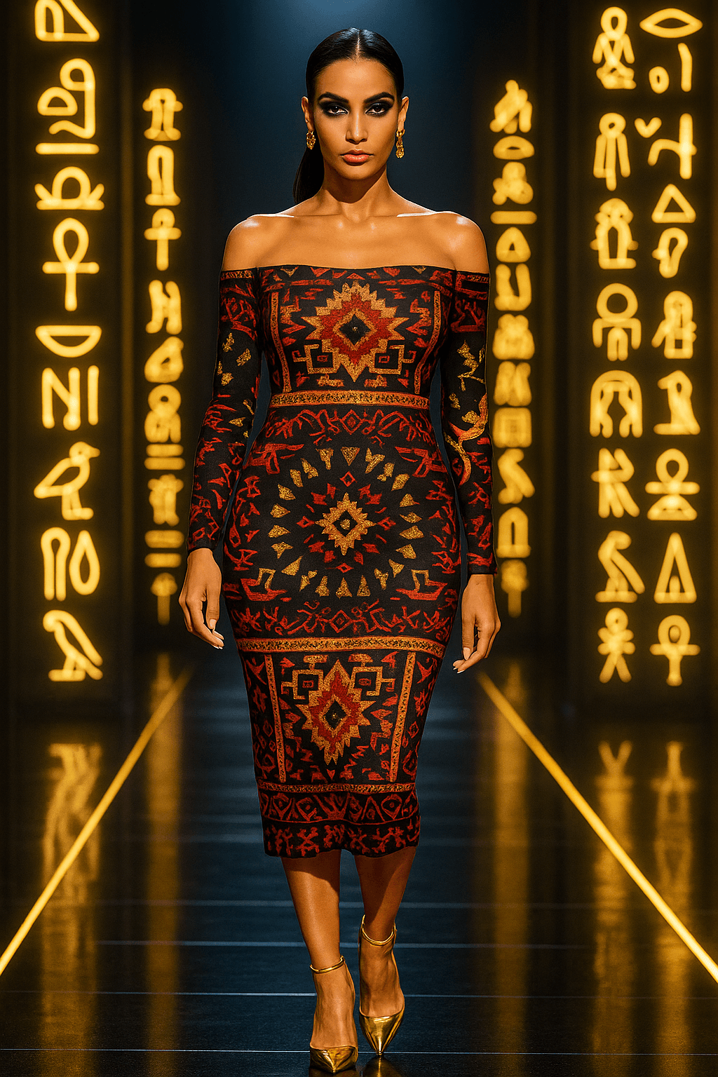 Model wearing a luxury Egyptian goddess bodycon dress with intricate tribal patterns and off-shoulder design