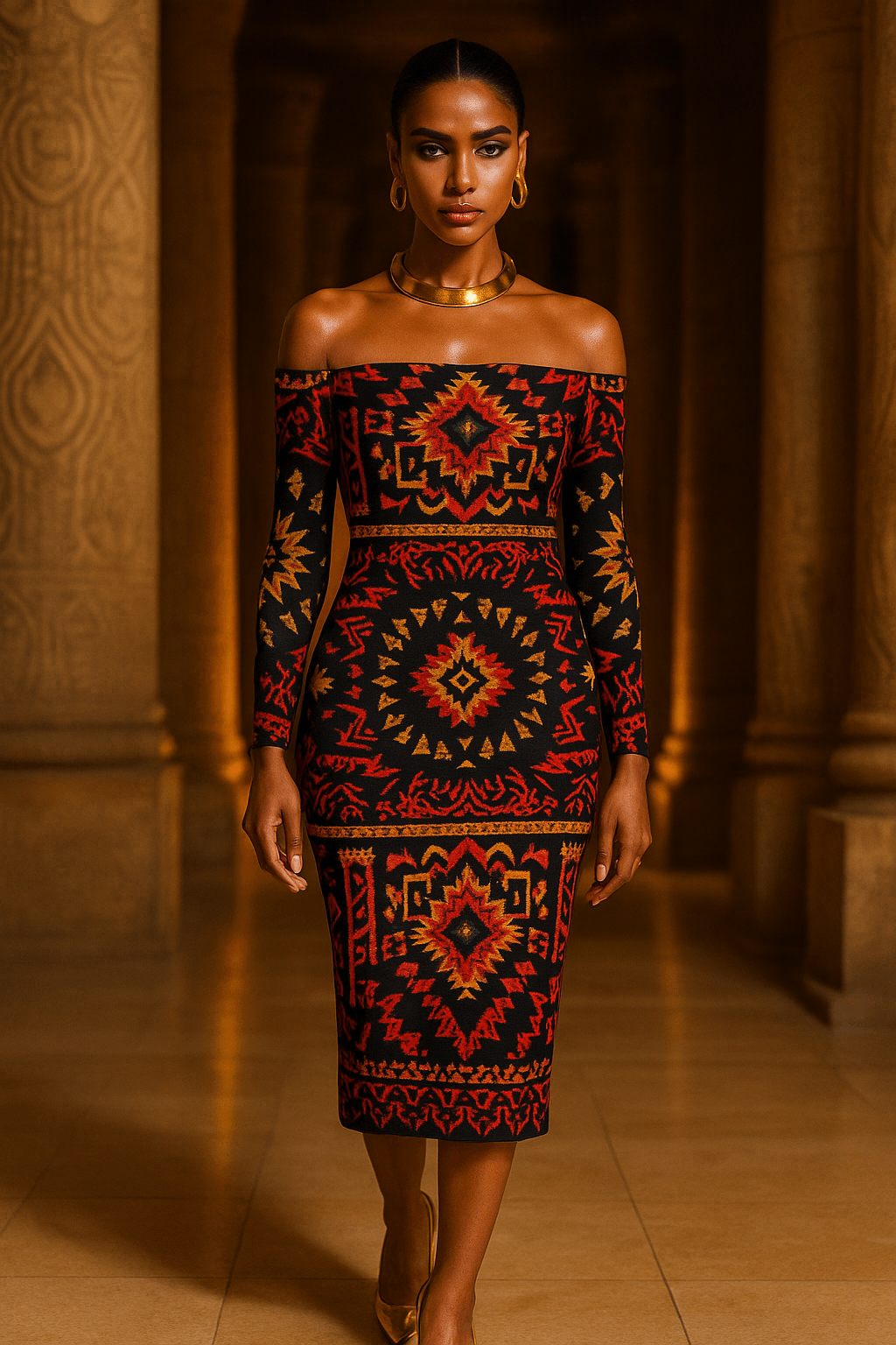 Luxury Egyptian goddess bodycon dress with intricate geometric patterns and off-shoulder design
