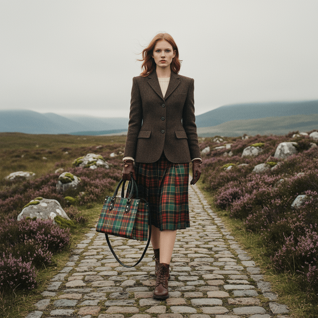 Woman carrying Eilean Donan Luxury Tartan Handbag Scottish Herritage Shoulder Bag Old money style on a cobblestone path in the countryside