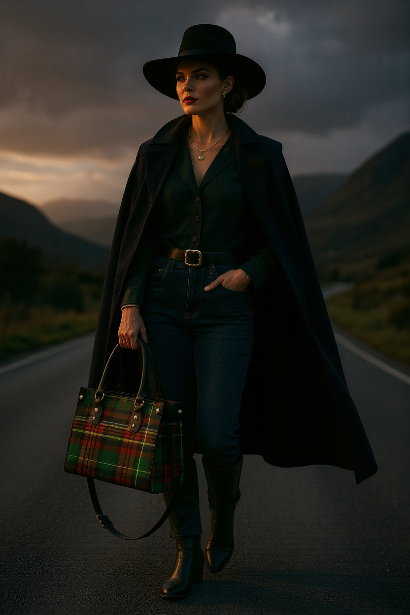 Eilean Donan Luxury Tartan Handbag Scottish Herritage Shoulder Bag Old money style held by woman in black coat and hat