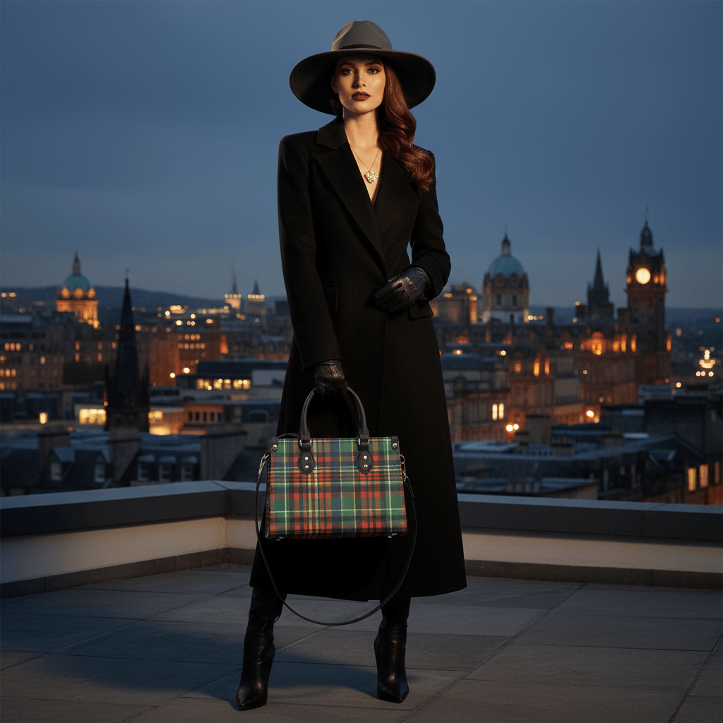 Eilean Donan Luxury Tartan Handbag Scottish Herritage Shoulder Bag Old money style held by a woman in black coat and hat in cityscape
