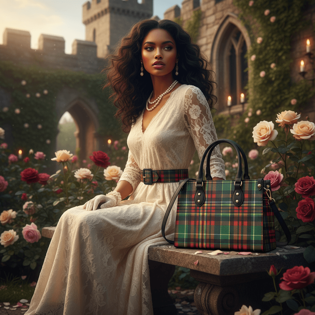 Eilean Donan Luxury Tartan Handbag Scottish Herritage Shoulder Bag Old money style displayed on stone bench in historic garden setting